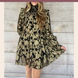 ELAN NWT Metallic gold and black Smocked Mini Dress
